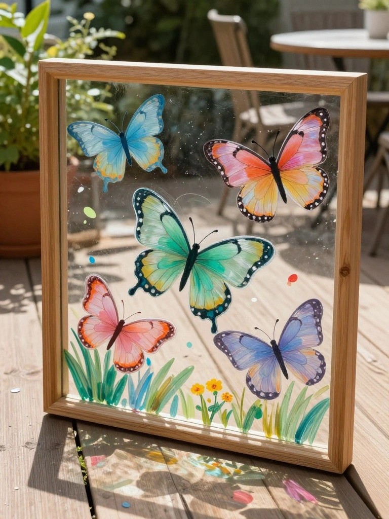 A wooden-framed glass panel with five painted butterflies in blue, pink, green, orange, and purple plus grass and flowers along the bottom edge, resting on outdoor wooden decking.