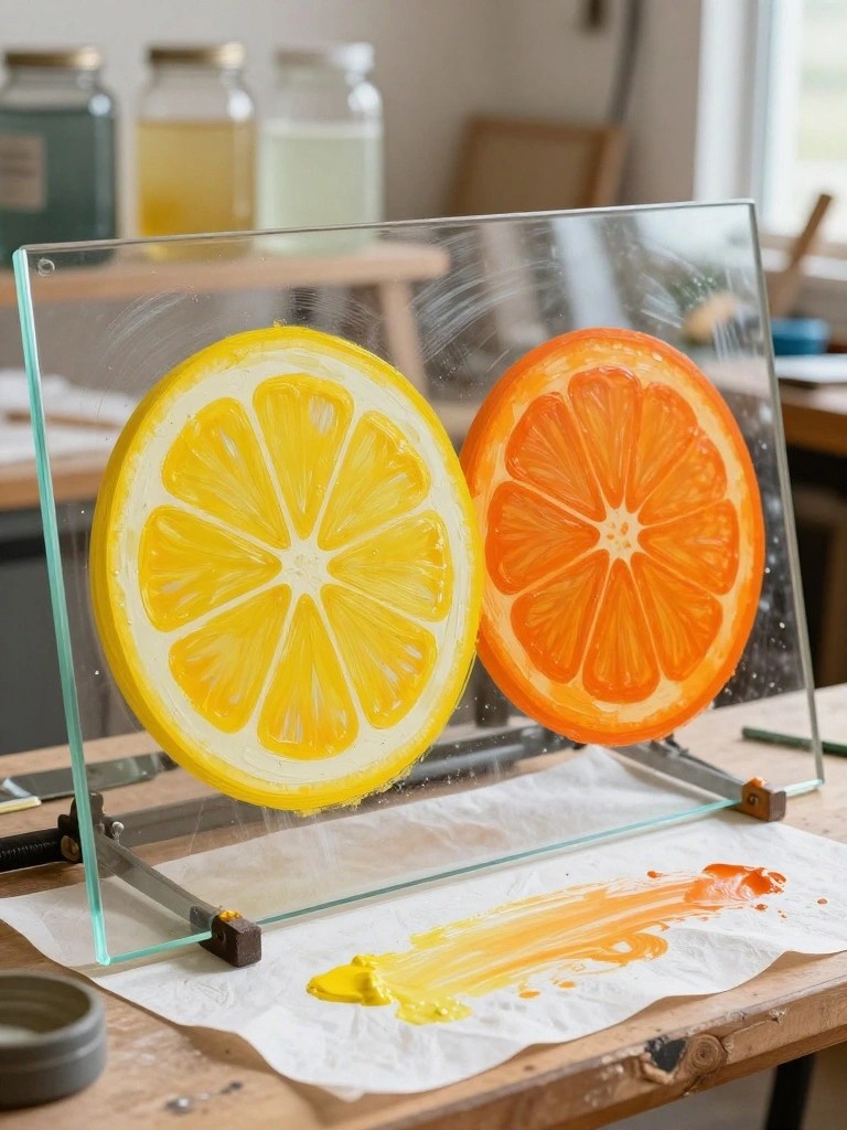 Yellow lemon and orange slices painted on glass with paint smears below