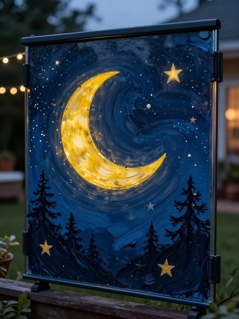 Swirling blue night sky with glowing crescent moon, stars, and pine silhouettes.