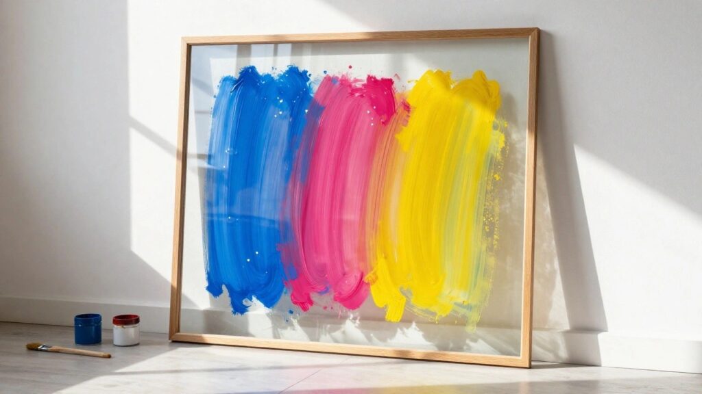 24 Bold Glass Painting Designs for Large Display Panels Framed abstract painting with bold blue, yellow, and pink brushstrokes on glass
