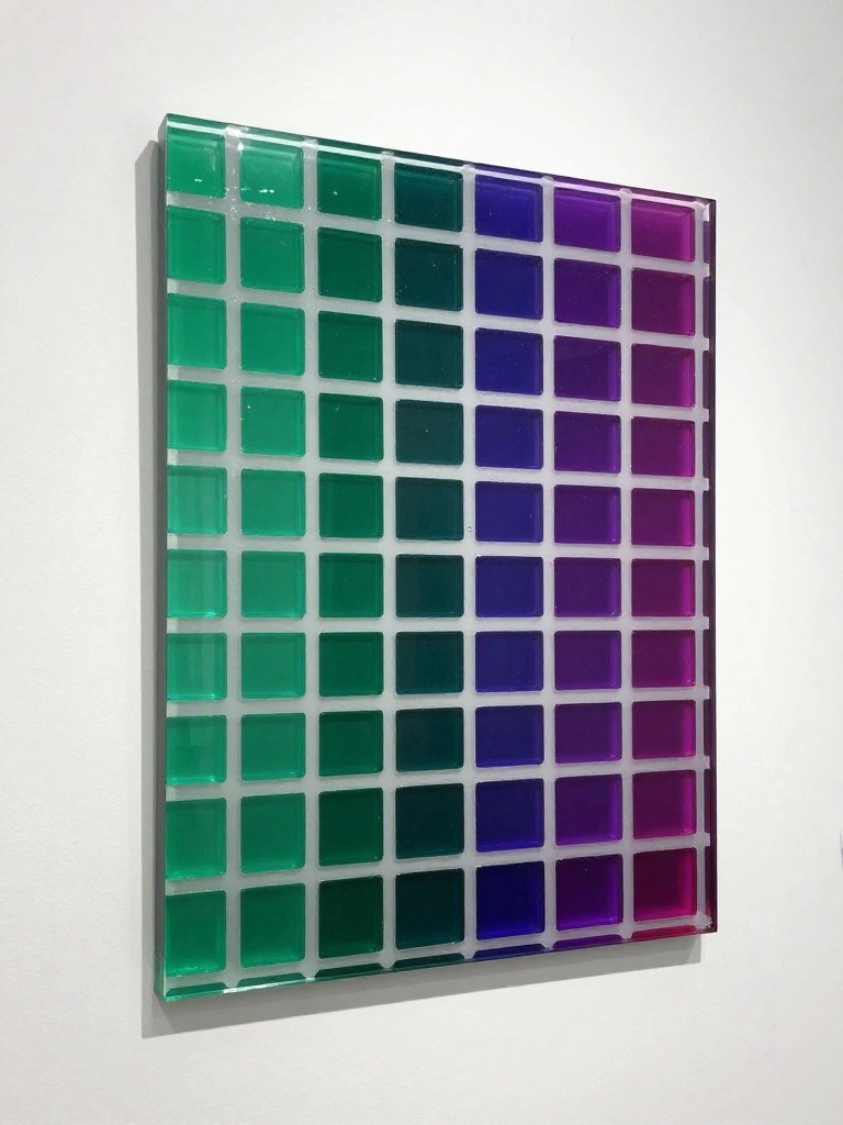 Square grid of translucent squares in green-to-purple gradient on white wall.