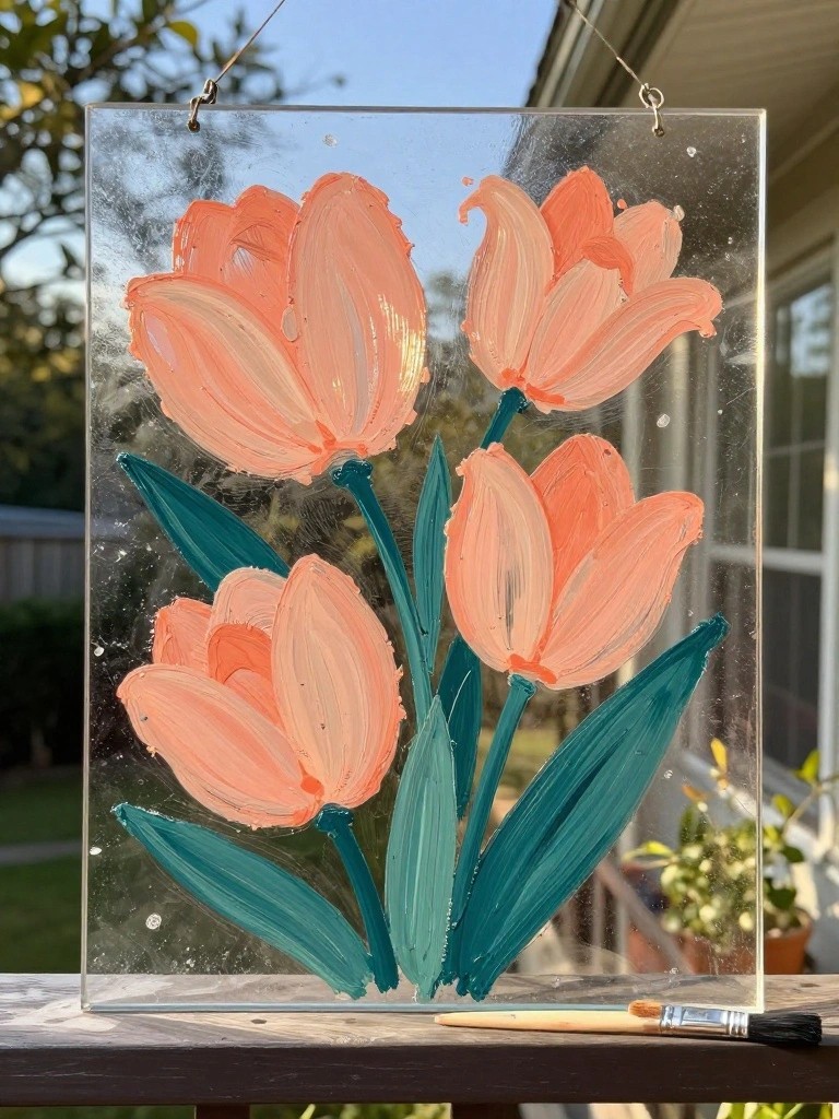 A rectangular clear glass panel painted with several peach tulips and teal leaves hangs from wire above a wooden table with a paintbrush resting below it.