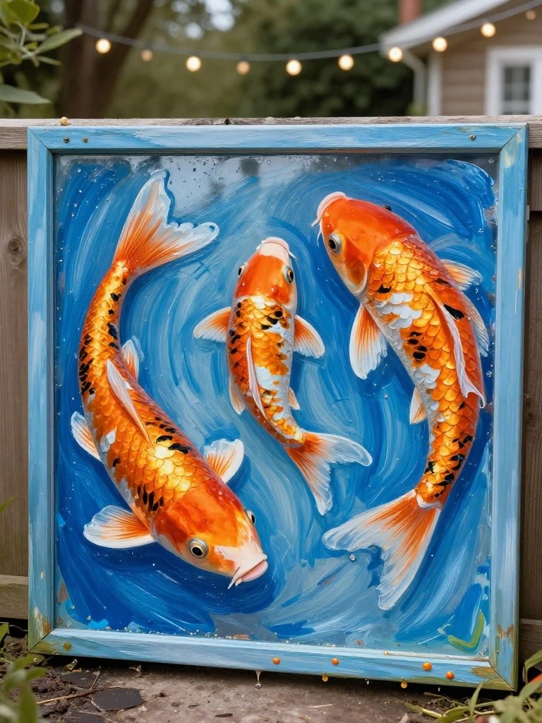 Three orange koi fish in blue swirling water within rustic frame