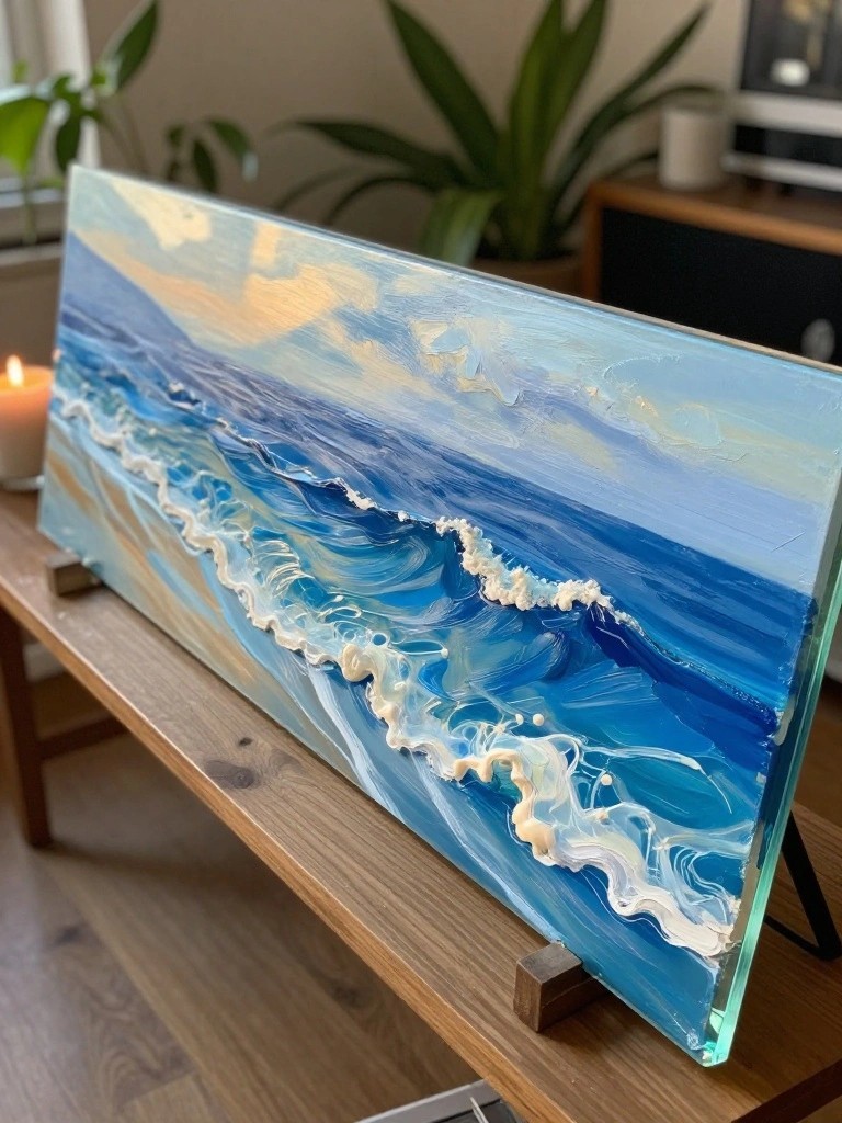 Rectangular glass panel with blue ocean waves and sky painted on it, shown on a wooden stand.