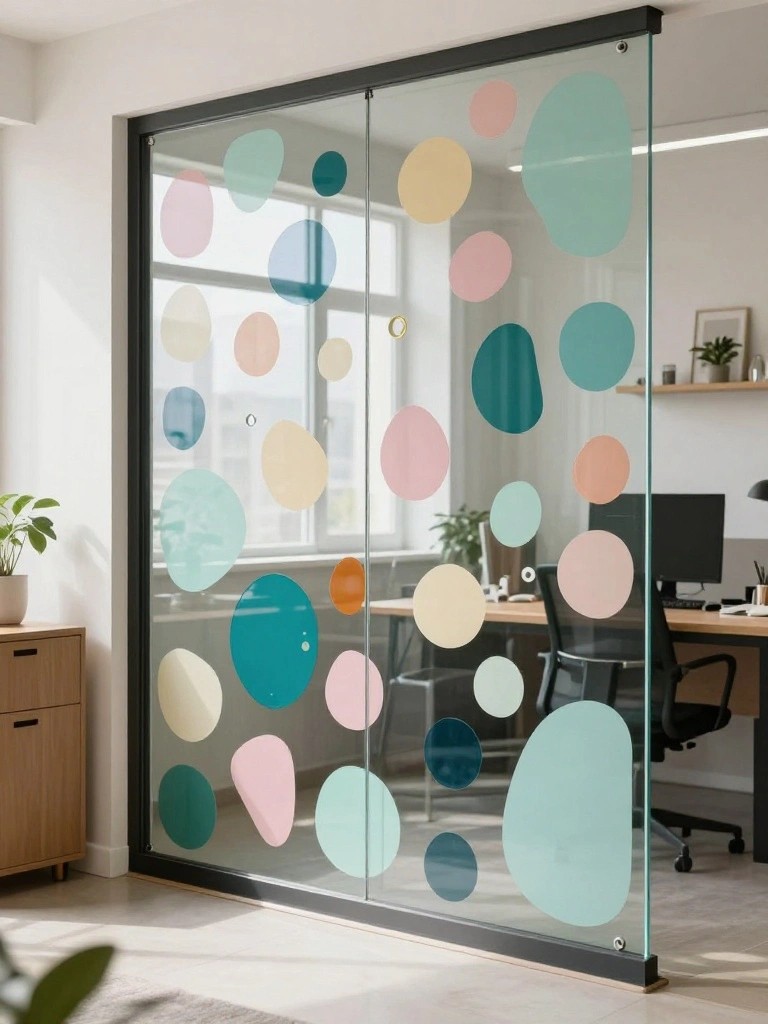 Glass partition with colorful abstract circles in modern office interior