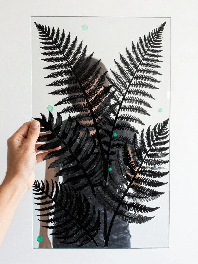 Hand holding glass panel with black fern prints and green dots on white wall