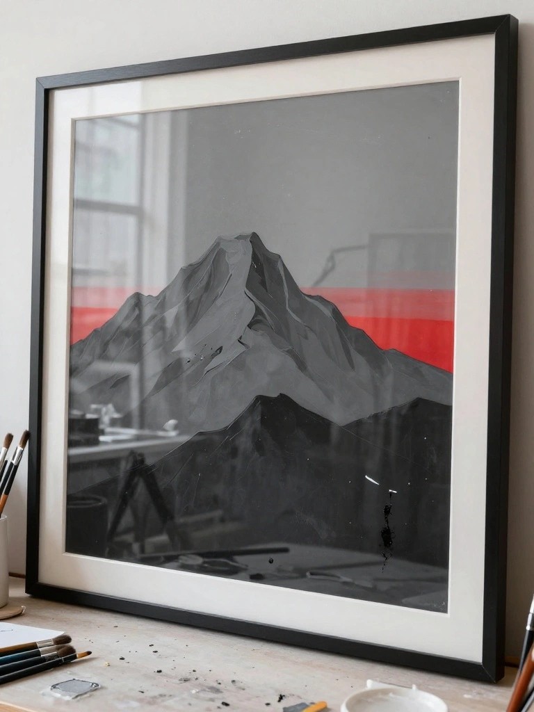 Framed mountain painting with red stripe on studio desk amid paintbrushes