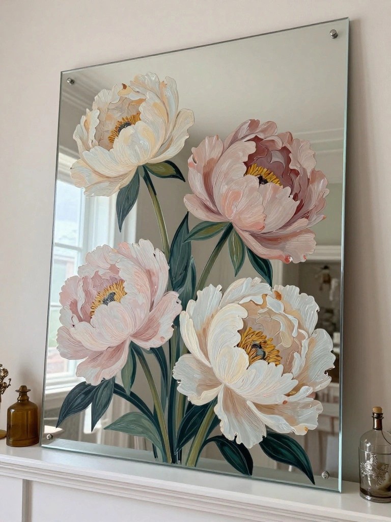 Rectangular mirror with four large pink and white peonies painted on it