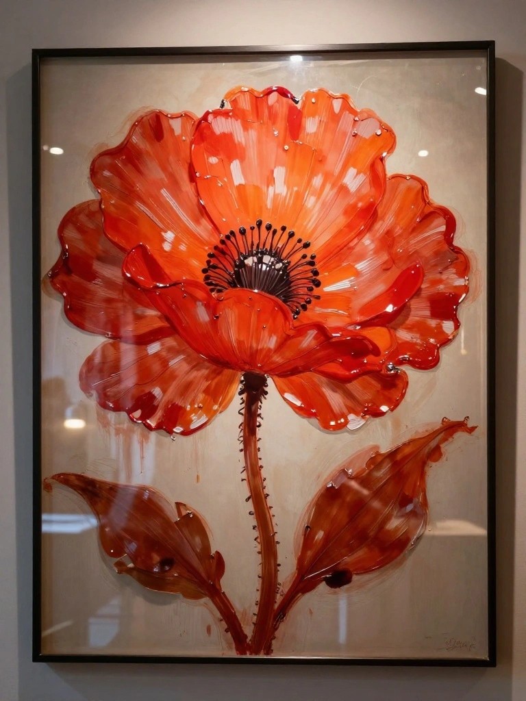 Glossy red-orange poppy with black center, stem, and leaves in black frame
