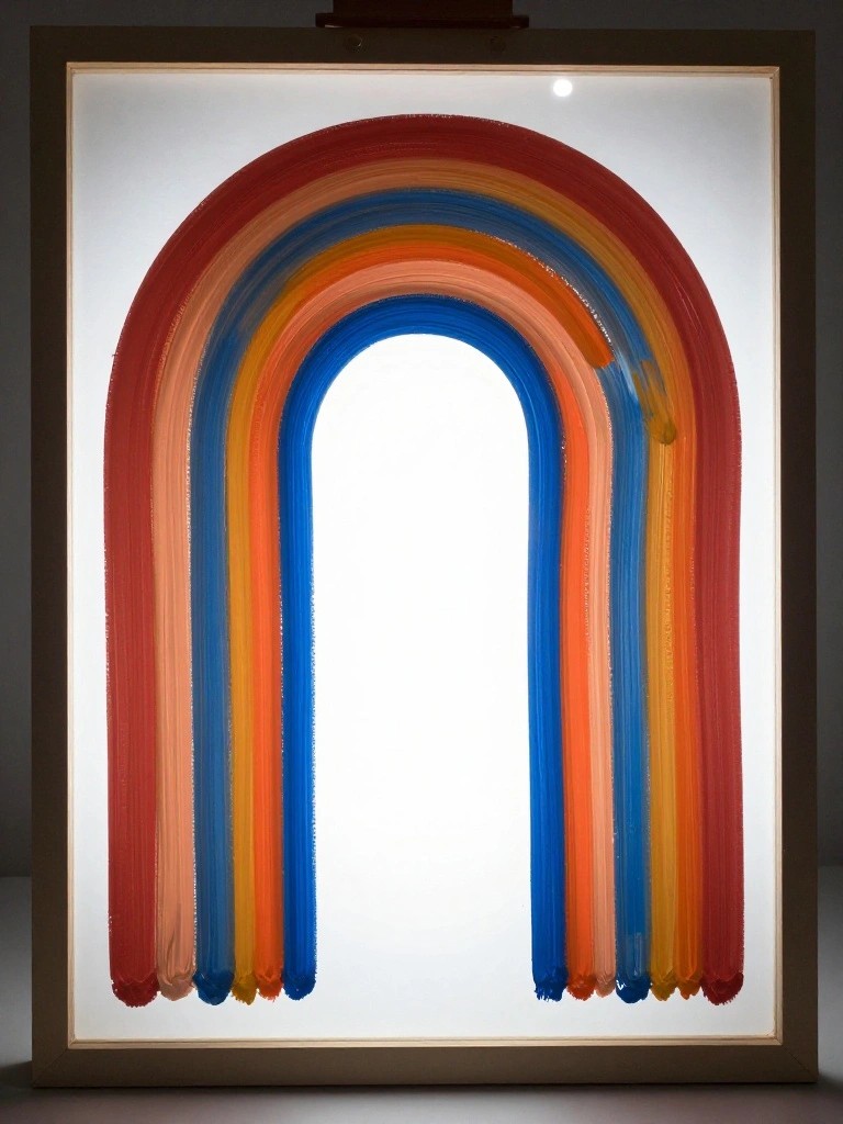 Backlit frame with thick, colorful arched rainbow brushstrokes in red, orange, blue, and yellow