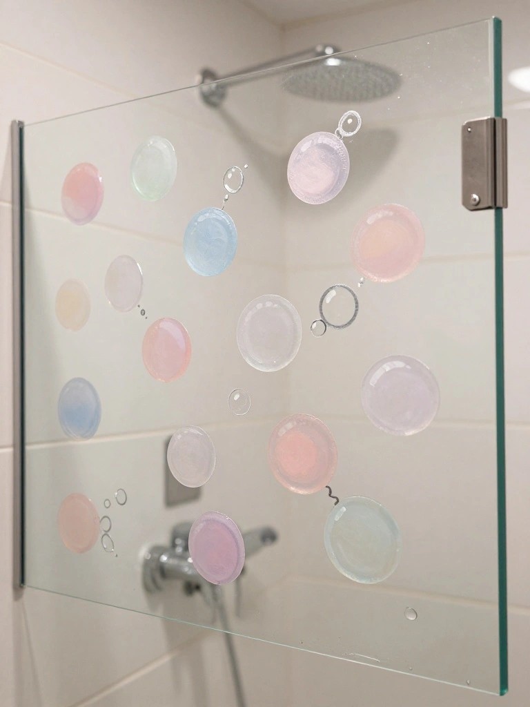 Clear glass shower panel covered with scattered pastel bubbles in pink, blue, and mint.