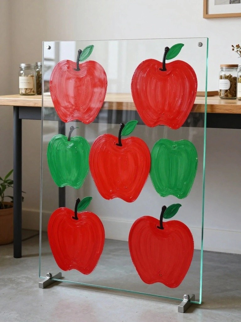 Glass panel with red and green brushstroke-painted apples in modern interior