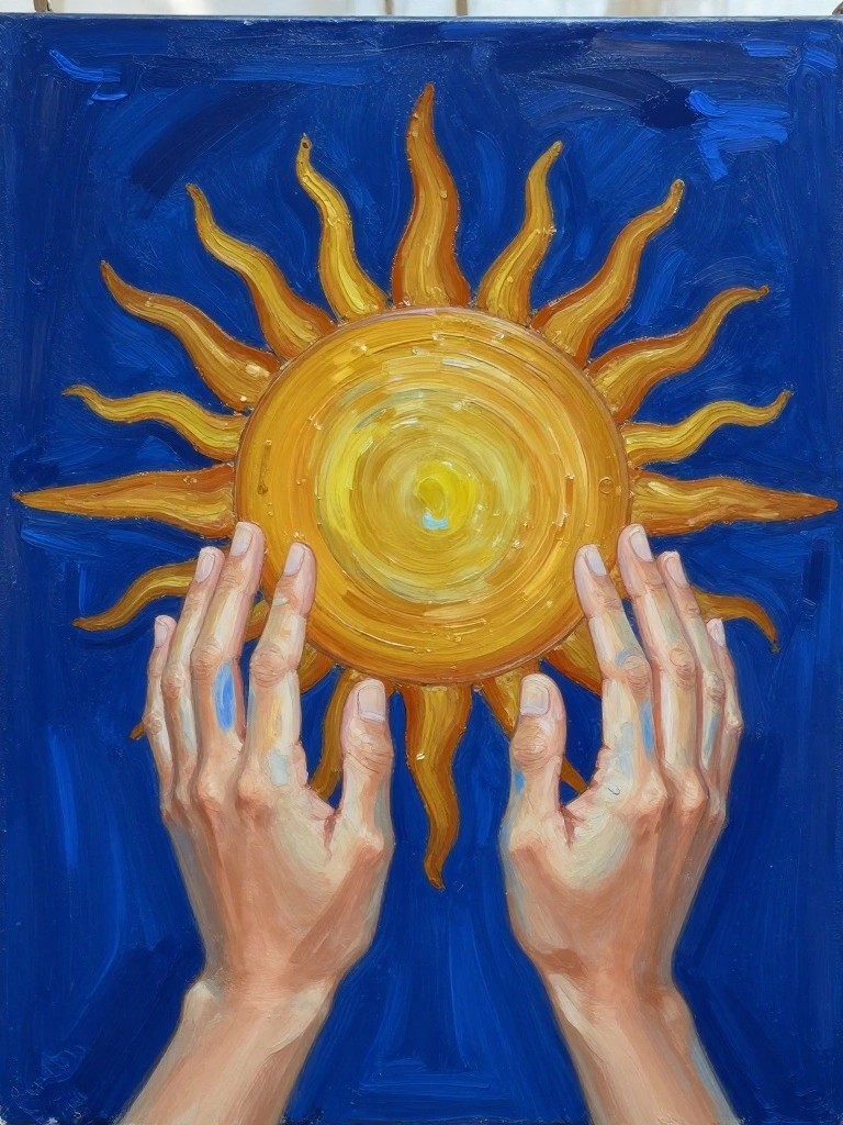 Two hands holding a bright yellow sun with orange rays on blue background