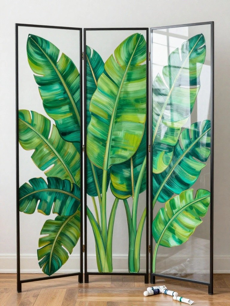 Three-panel black-framed screen with vibrant green banana leaf paintings and paint tubes on floor