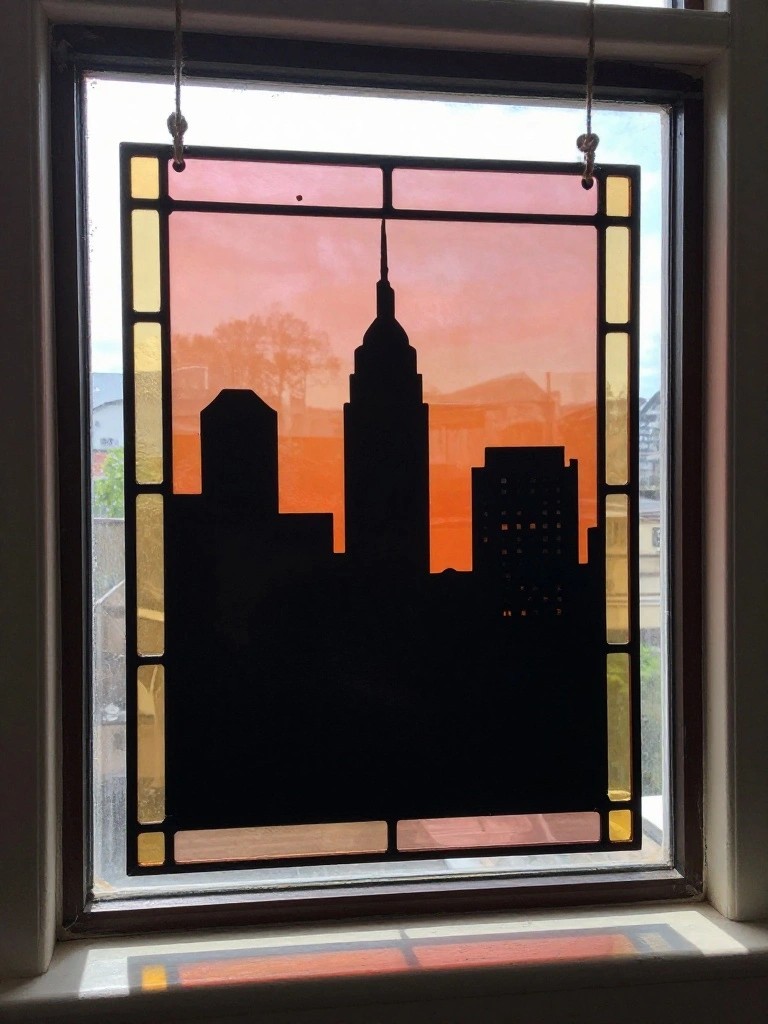 Stained glass window with black city skyline silhouette against orange-pink sunset sky
