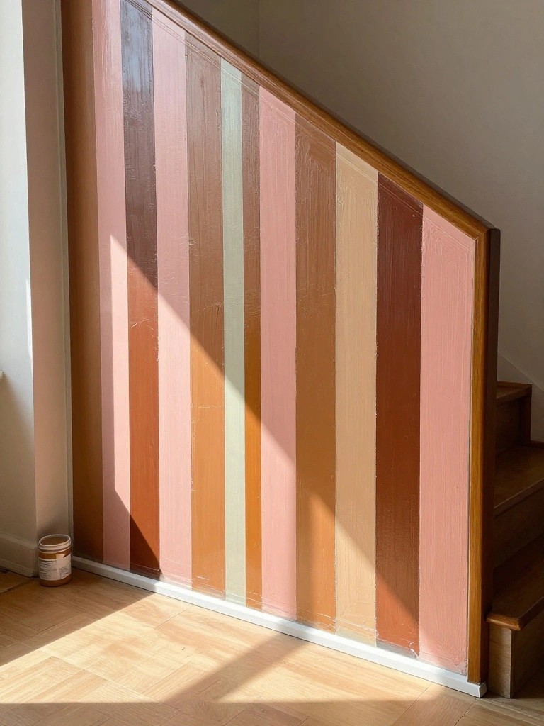 Large vertical glass panel painted with uneven stripes in warm brown, pink, and beige tones beside a wooden staircase.