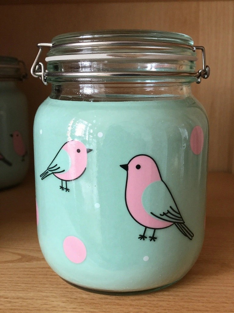 Mint green glass jar with pink birds, polka dots, and metal clamp lid.