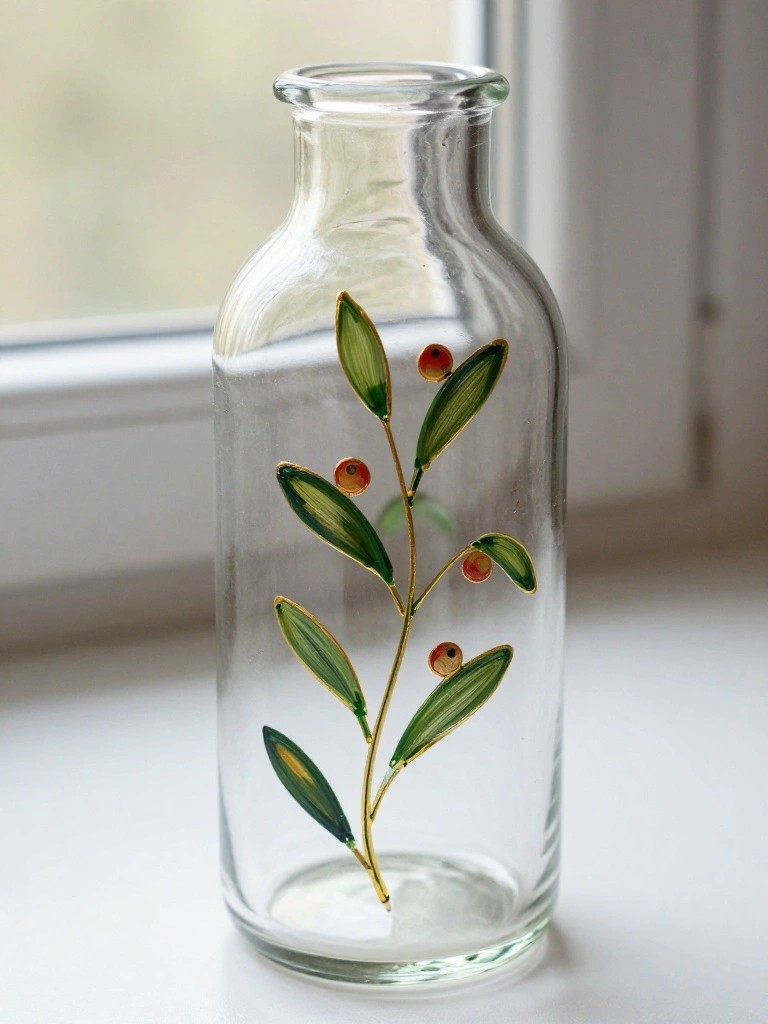 A clear glass bottle with a gold-outlined branch painted in green leaves and small red berries.