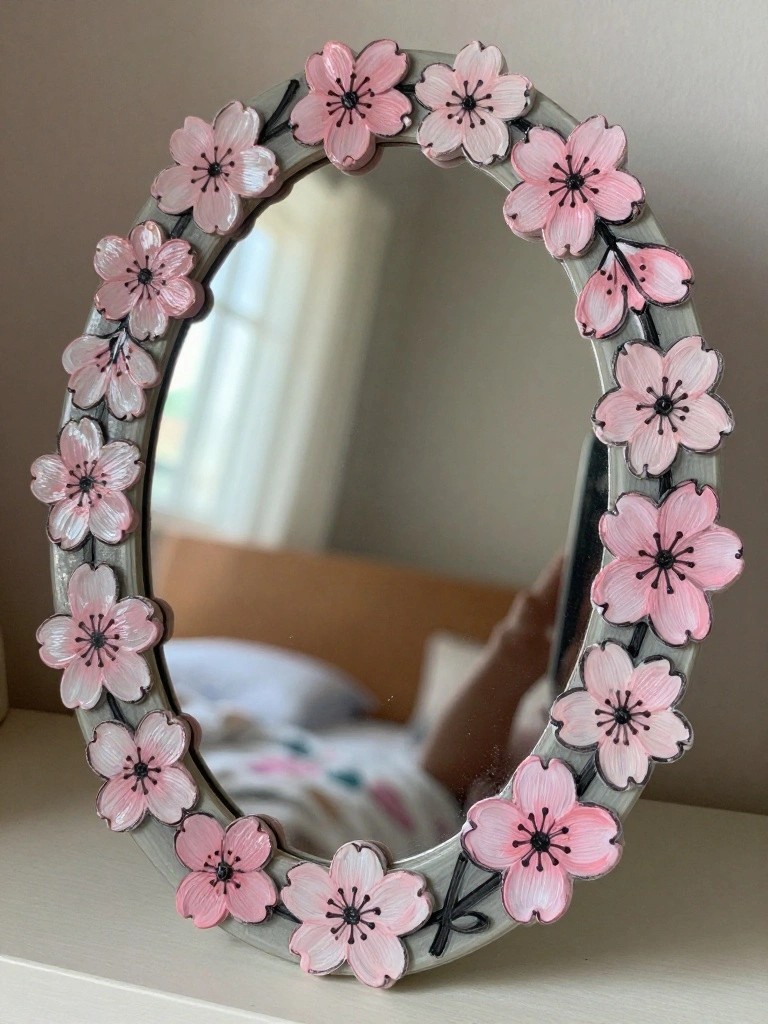 Round gray-framed mirror decorated with pink cherry blossom flowers on white surface