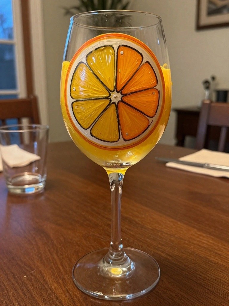 Painted wine glass with yellow-orange citrus slices on wooden table