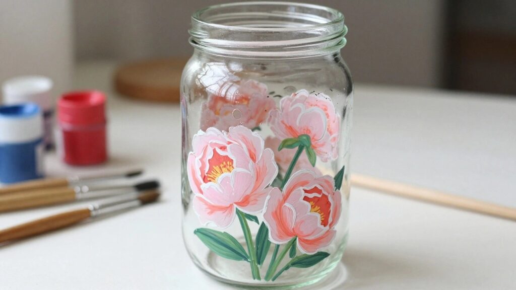 24 Clean Glass Painting Designs Using Outlines for Crisp Finished Edges A clear glass mason jar coated in pink paint shows three large peony flowers with white outlines and yellow centers.