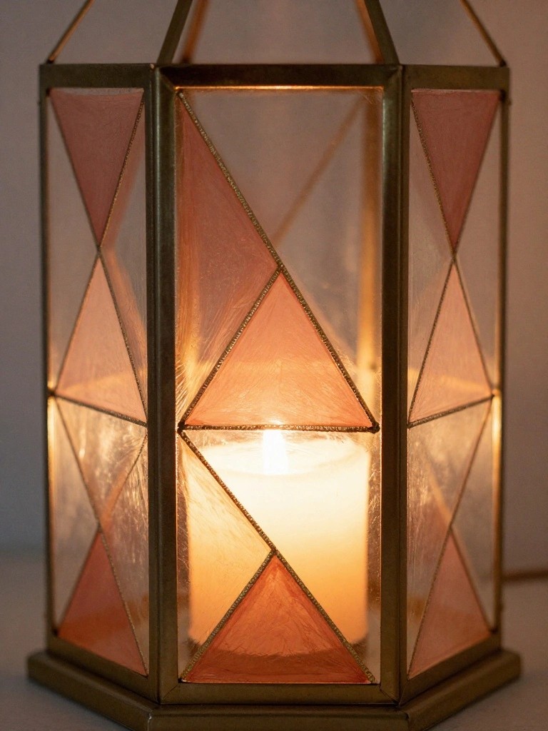 Glowing candle inside brass lantern with pink geometric stained glass panels.