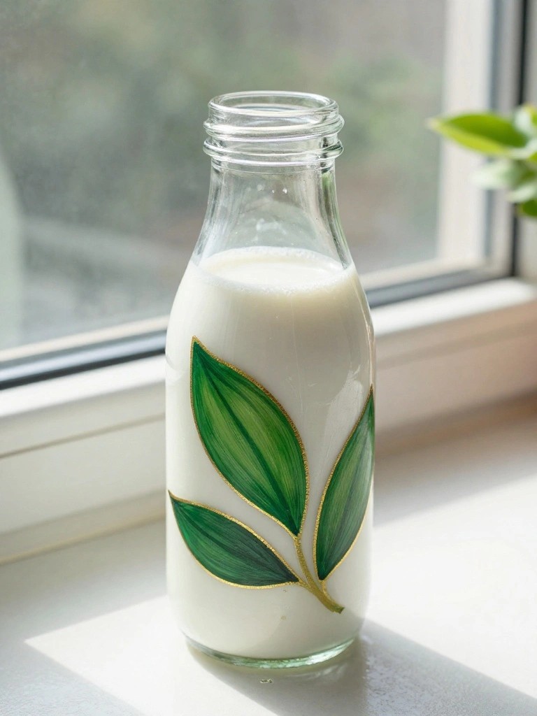 Glass bottle of milk painted with green leaves and gold trim on windowsill