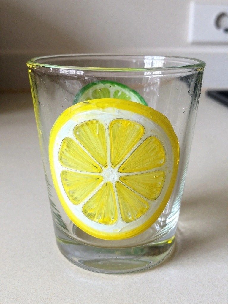 A clear drinking glass shows a painted yellow lemon slice with a smaller green lime slice above it.