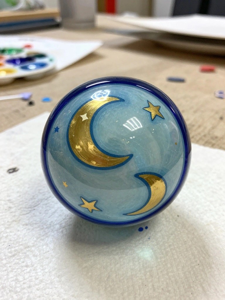 Blue sphere with gold crescent moons and stars on paper towel
