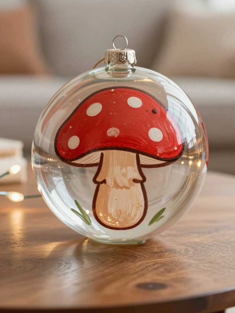 A clear round glass ornament with a painted red mushroom and white spots sits on a wooden table.