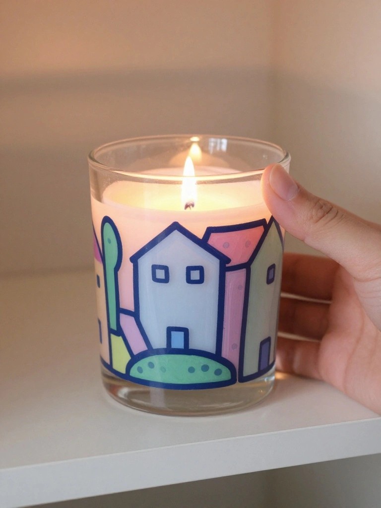 Hand holding lit candle jar with colorful house and cactus design