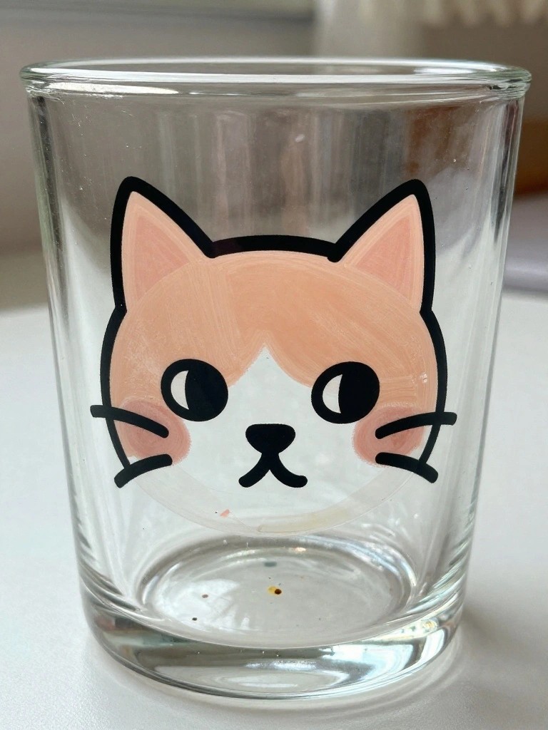 Clear glass cup with cartoon cat face in orange, pink, and black.