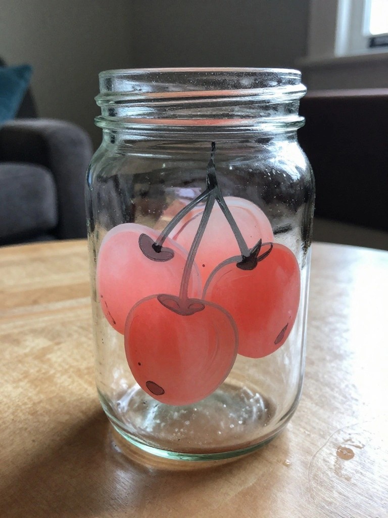 Clear glass jar with pink cherry paintings on wooden table
