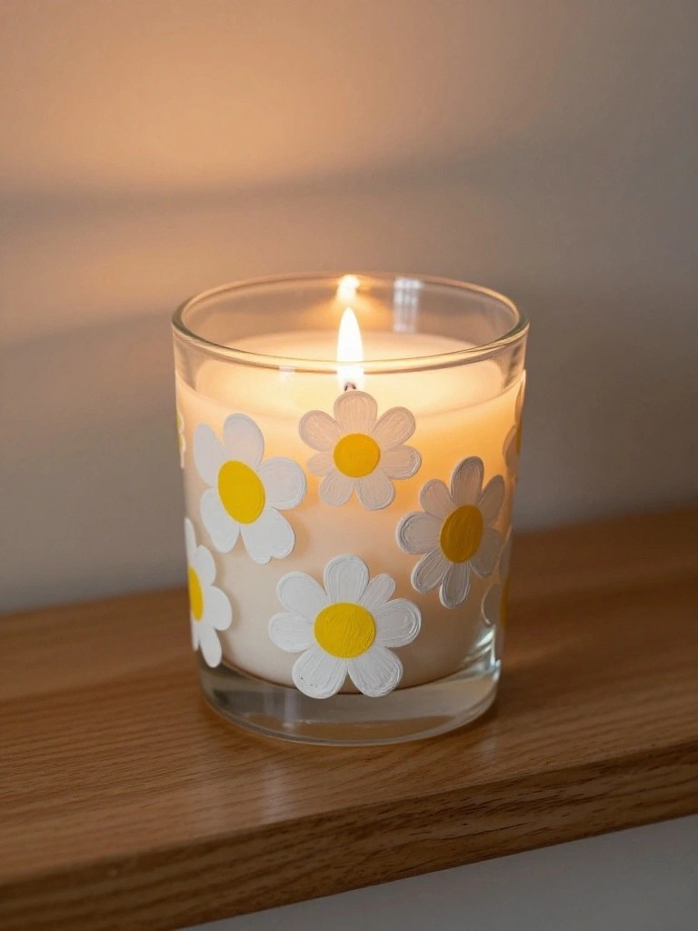 Lit candle in glass jar with white and yellow daisy decorations on wood