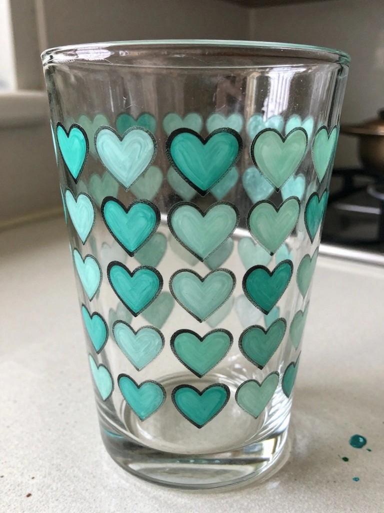 A clear drinking glass is decorated with rows of hearts in teal shades outlined in black.