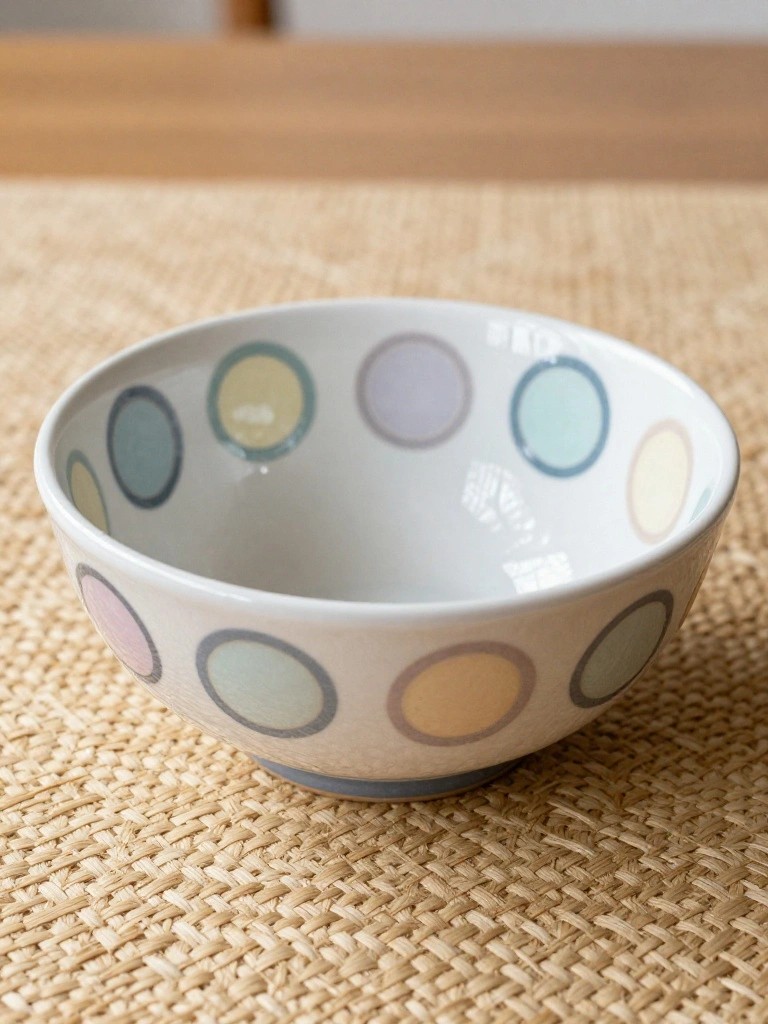Ceramic bowl with pastel polka dots on woven placemat over wood.