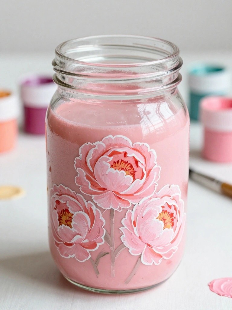 A clear glass mason jar coated in pink paint shows three large peony flowers with white outlines and yellow centers.