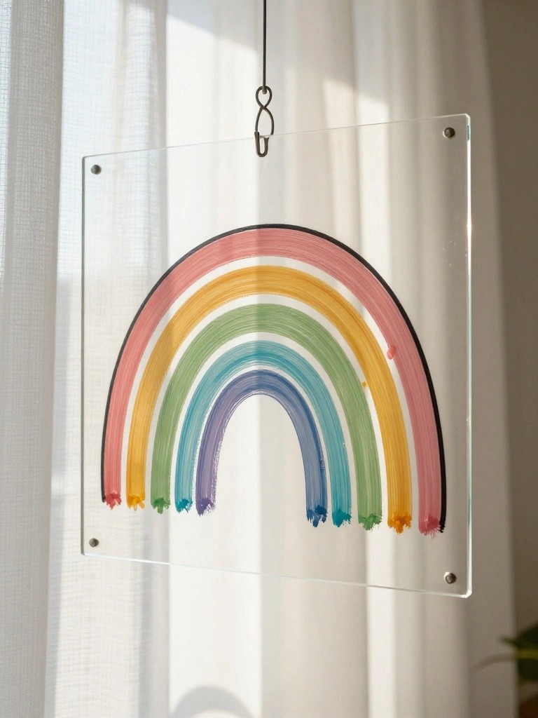 Colorful brushstroke rainbow on clear acrylic panel hanging before white curtains