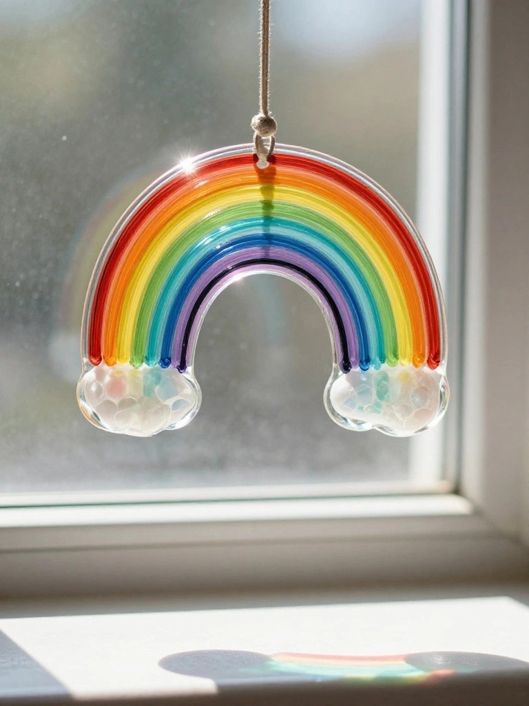 A glass rainbow ornament with outlined color bands and cloud details hangs from a string in front of a window.