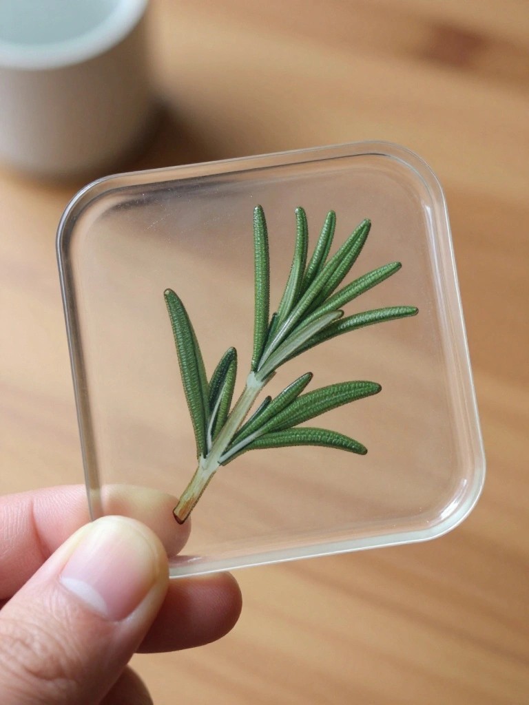 A hand holding a small square glass tile with a painted rosemary sprig on it.