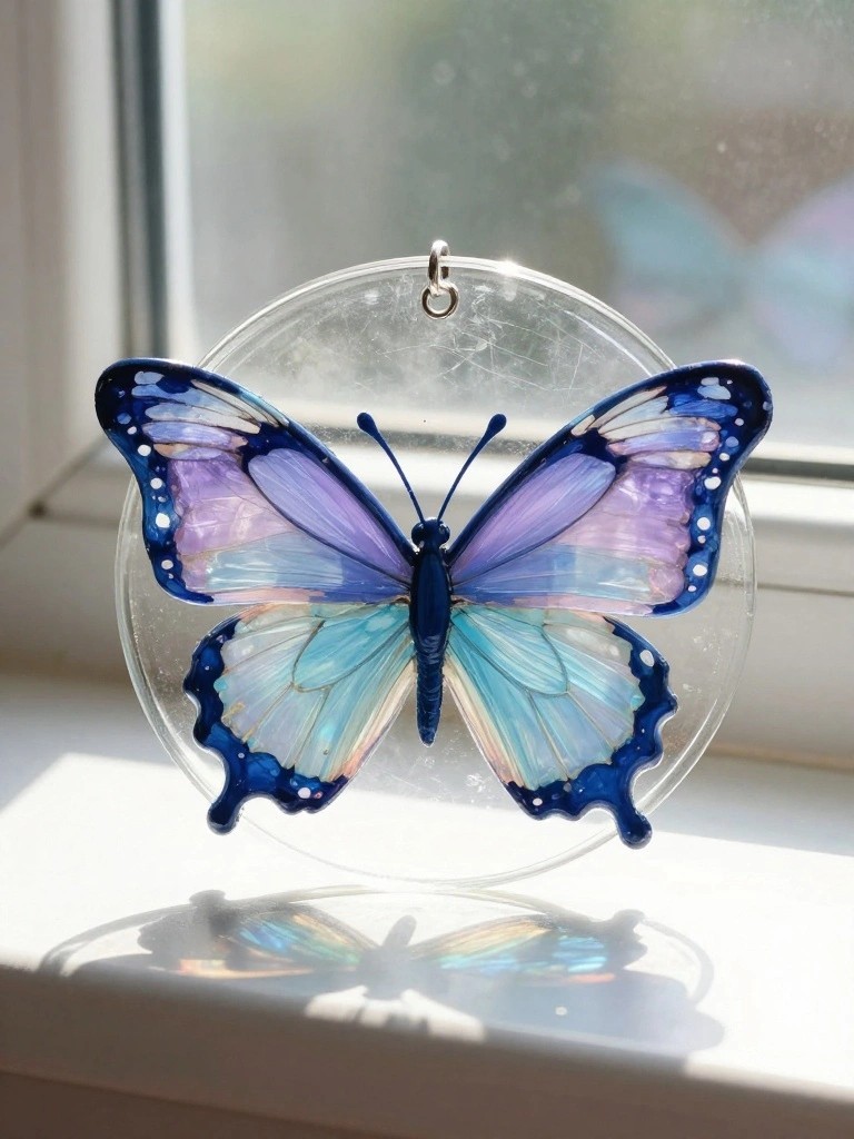 Colorful blue-purple butterfly suncatcher on round glass base by sunlit window