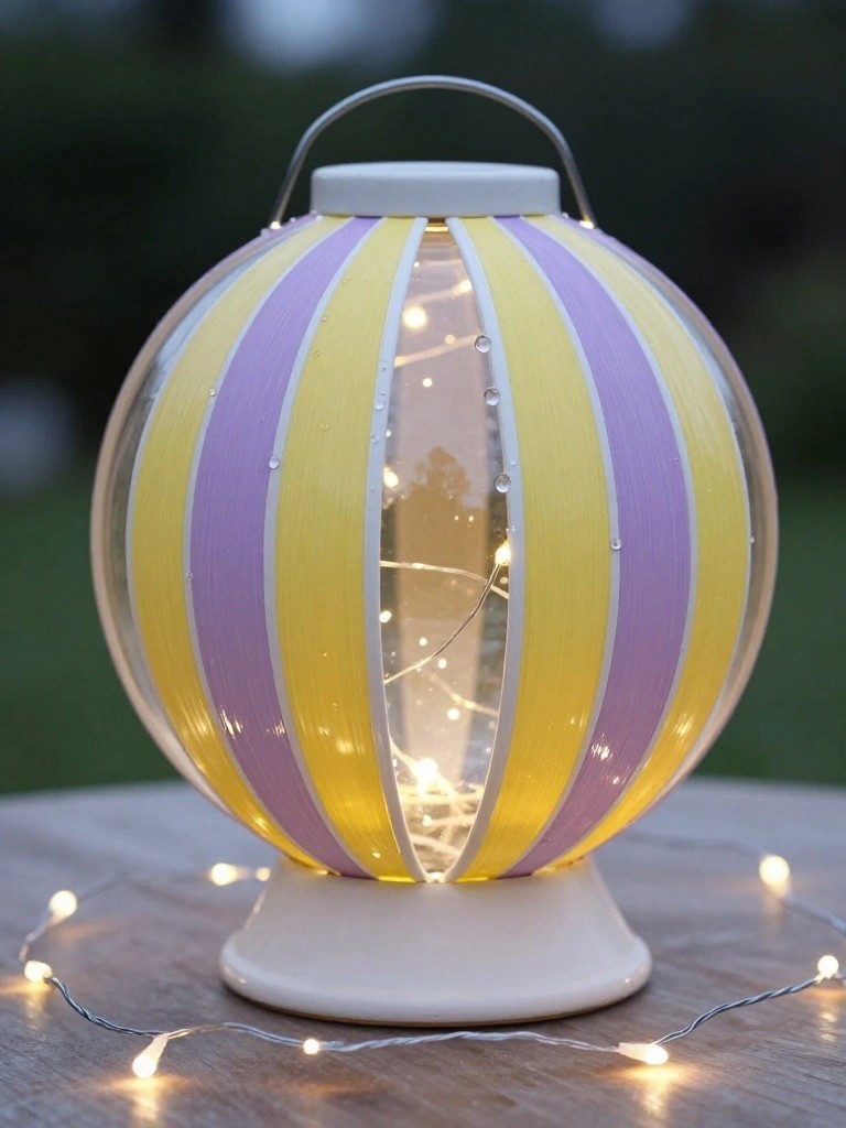 Striped yellow and purple lantern glowing with fairy lights on wooden table
