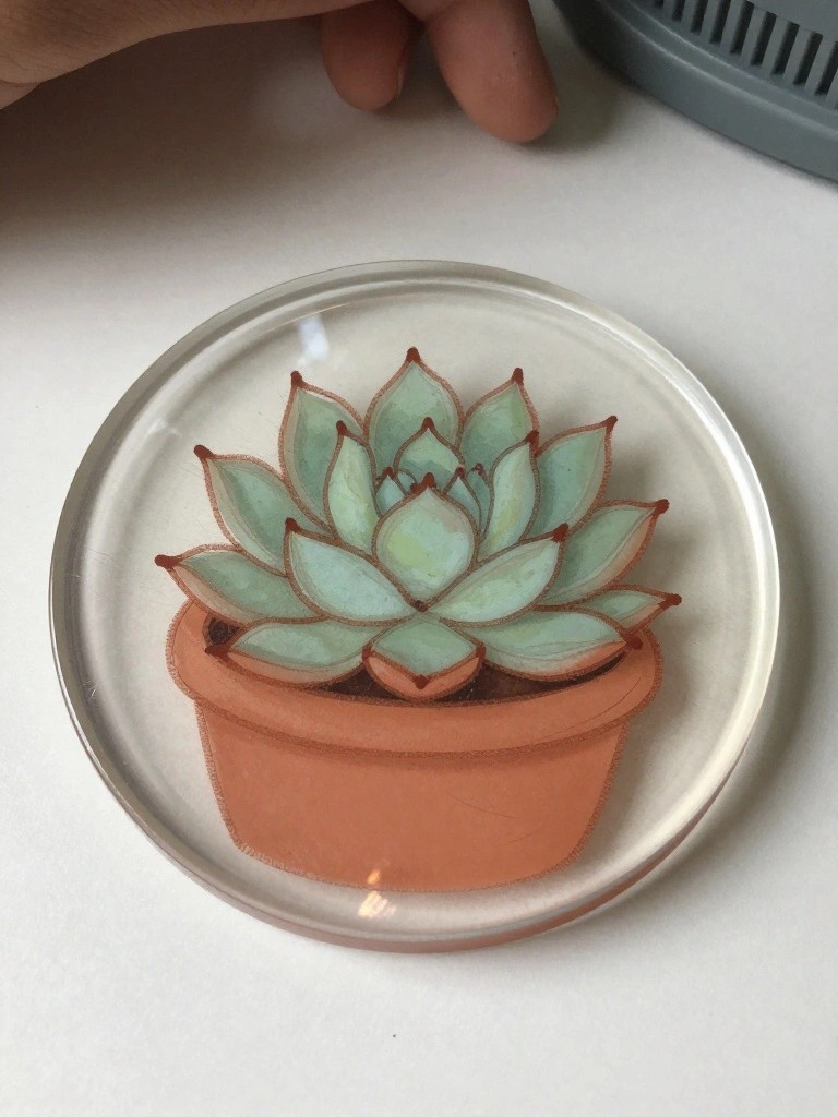 Hand above clear round disc with green succulent in orange pot