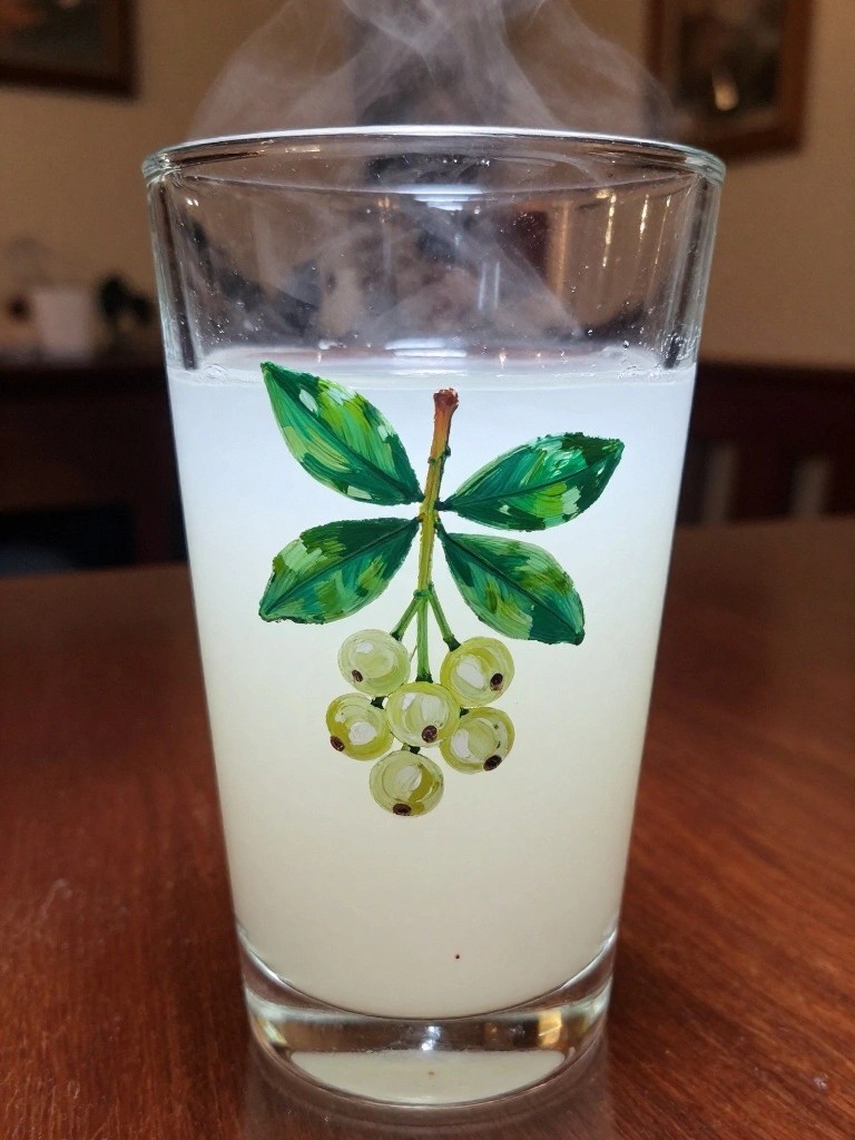 Glass of steaming white liquid with painted green leaves and white berries on wood table