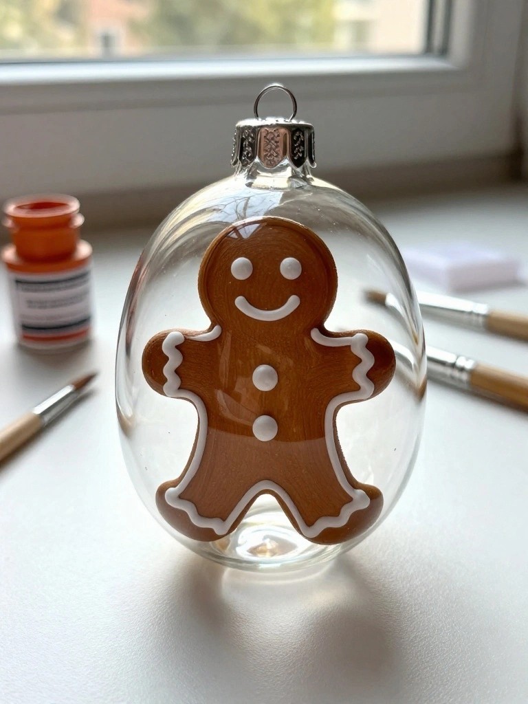 Glass ornament with brown gingerbread man design amid paintbrushes and supplies