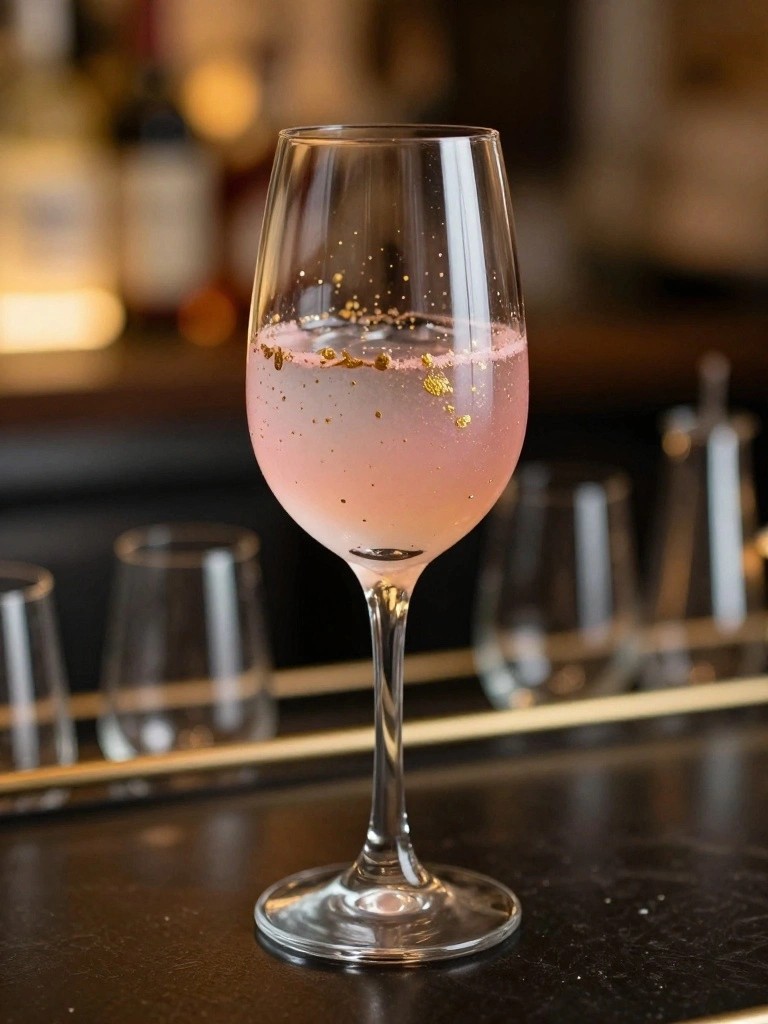 A clear stemmed wine glass with scattered gold specks on the bowl rests on a dark surface with blurred bar items behind it.