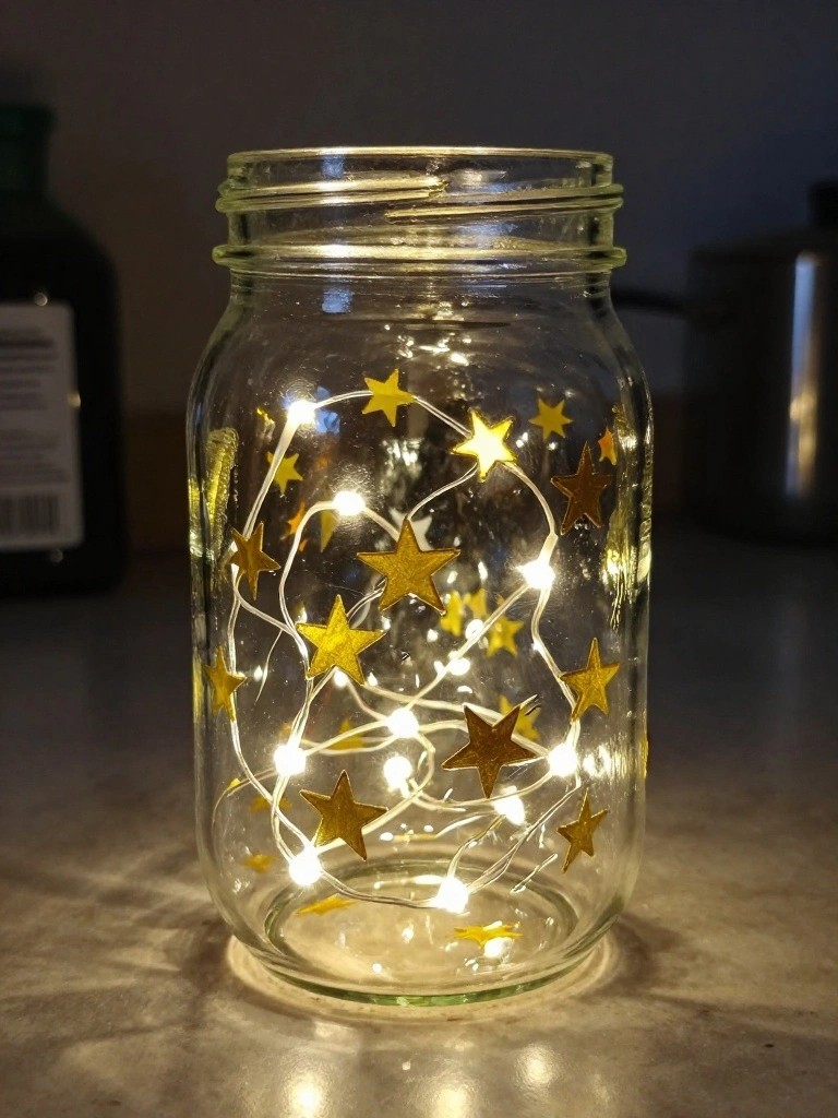 Glass jar glowing with star-shaped string lights and gold stars.