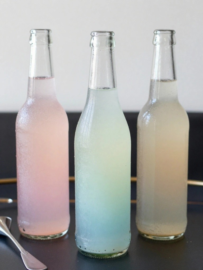 Three condensation-covered glass bottles with pink, blue, and yellow liquids beside a spoon