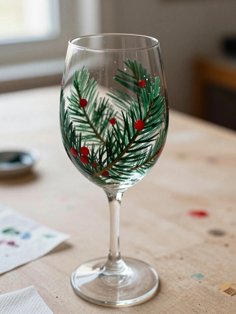 Wine glass hand-painted with green pine branches and red berries on wooden table