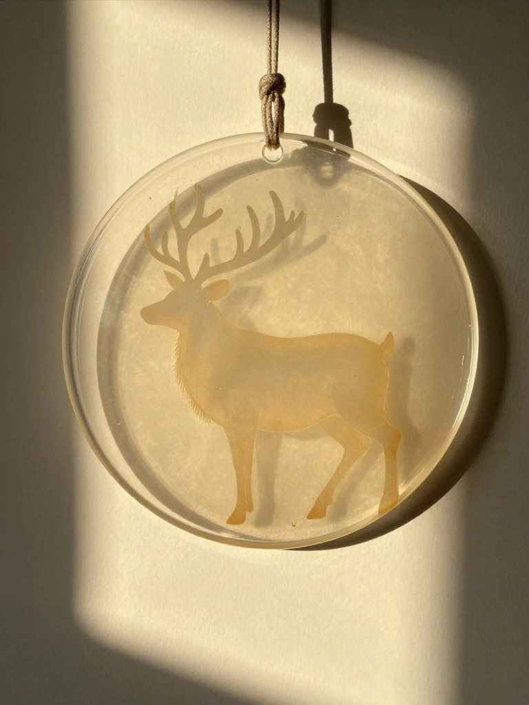 Clear round ornament with golden deer silhouette hanging from cord in sunlight.